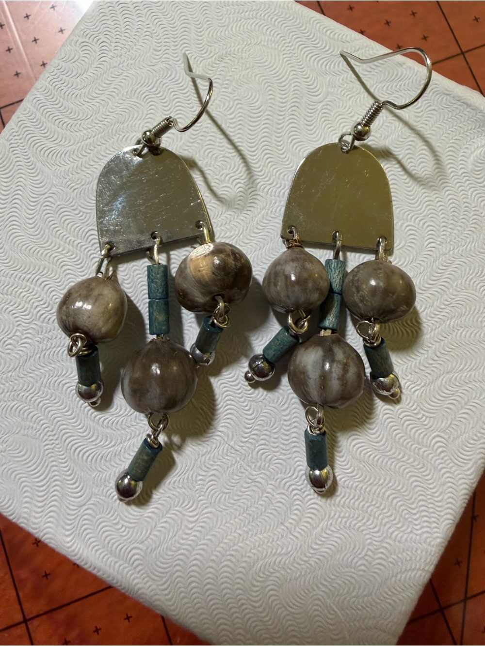Artisan Chandelier Dangle Earrings Silver Tone Gray Blue Beads Boho 3”